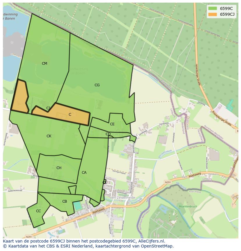 Afbeelding van het postcodegebied 6599 CJ op de kaart.