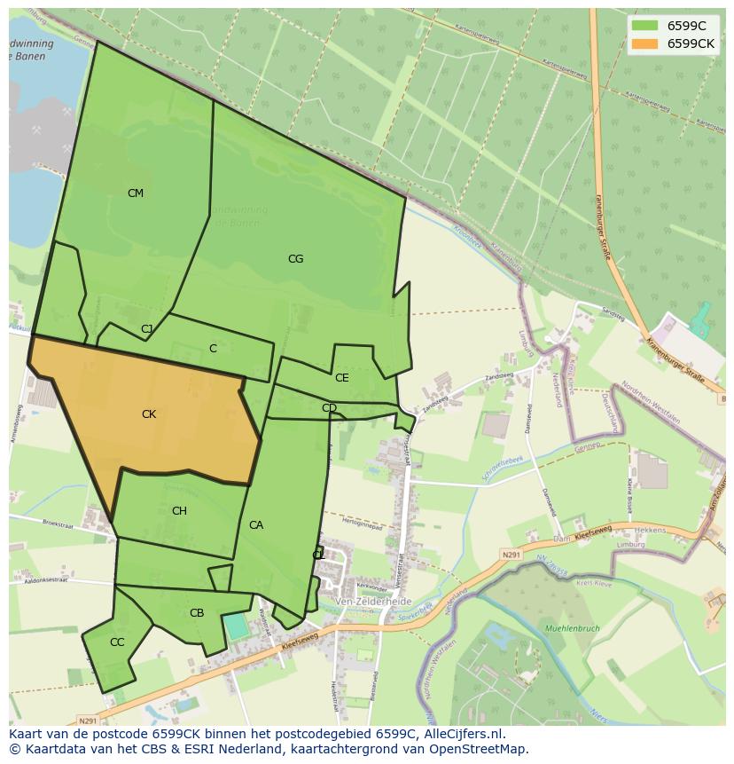 Afbeelding van het postcodegebied 6599 CK op de kaart.