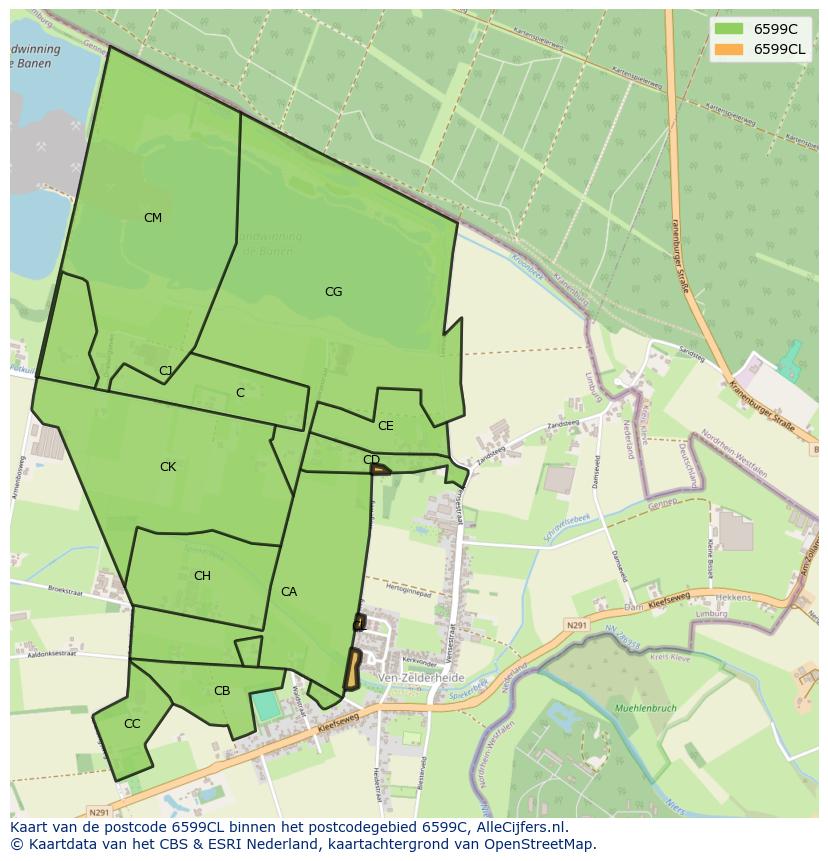 Afbeelding van het postcodegebied 6599 CL op de kaart.