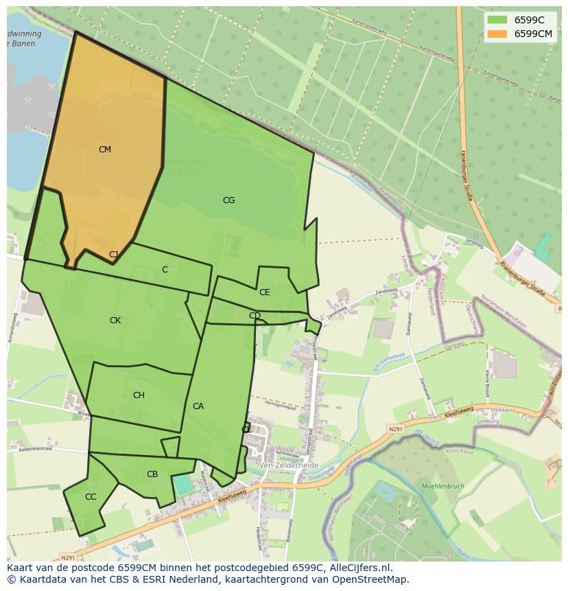 Afbeelding van het postcodegebied 6599 CM op de kaart.
