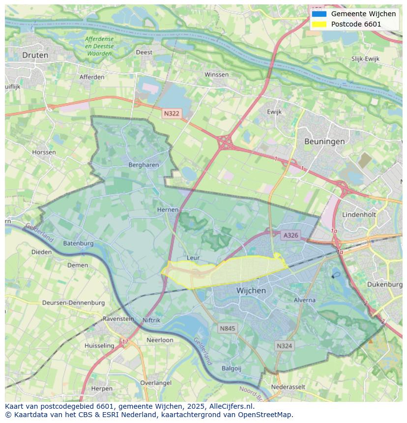 Afbeelding van het postcodegebied 6601 op de kaart.