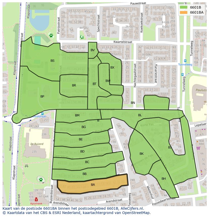 Afbeelding van het postcodegebied 6601 BA op de kaart.