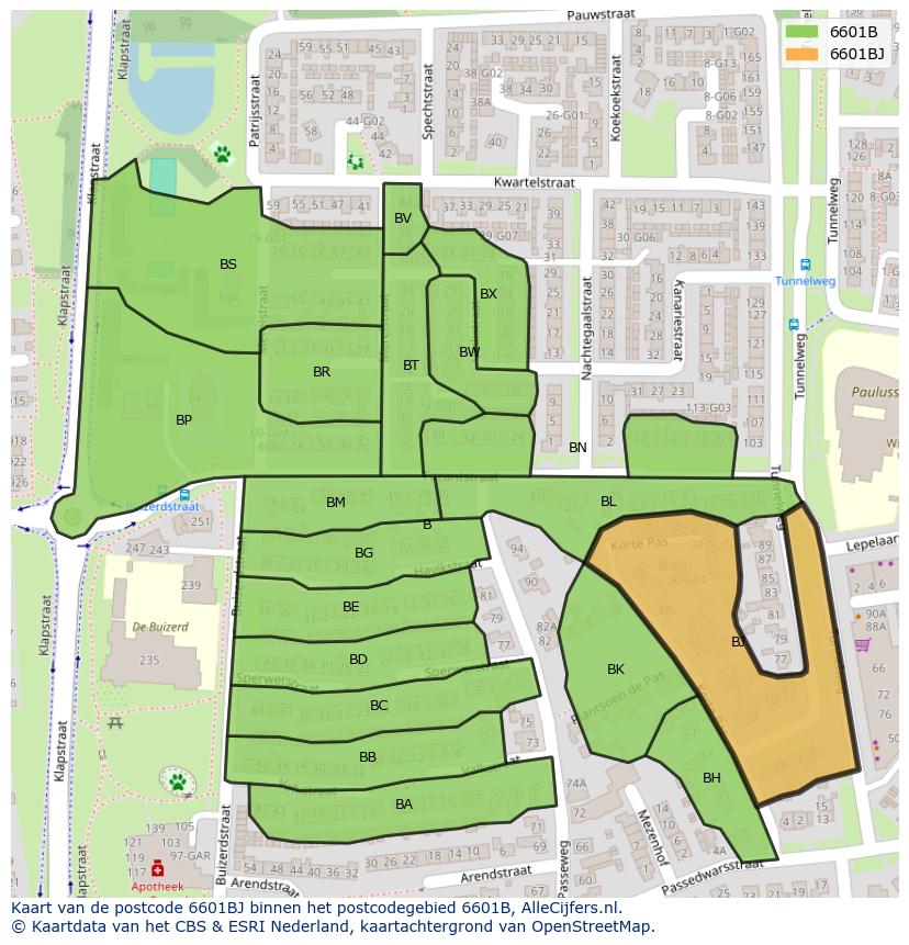 Afbeelding van het postcodegebied 6601 BJ op de kaart.