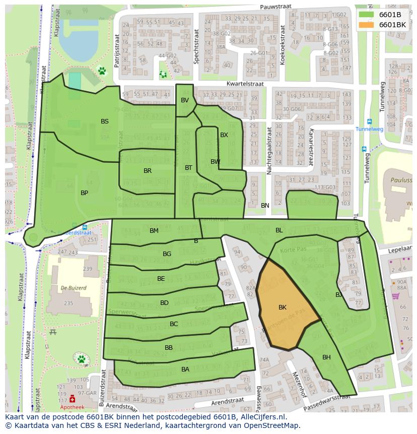 Afbeelding van het postcodegebied 6601 BK op de kaart.