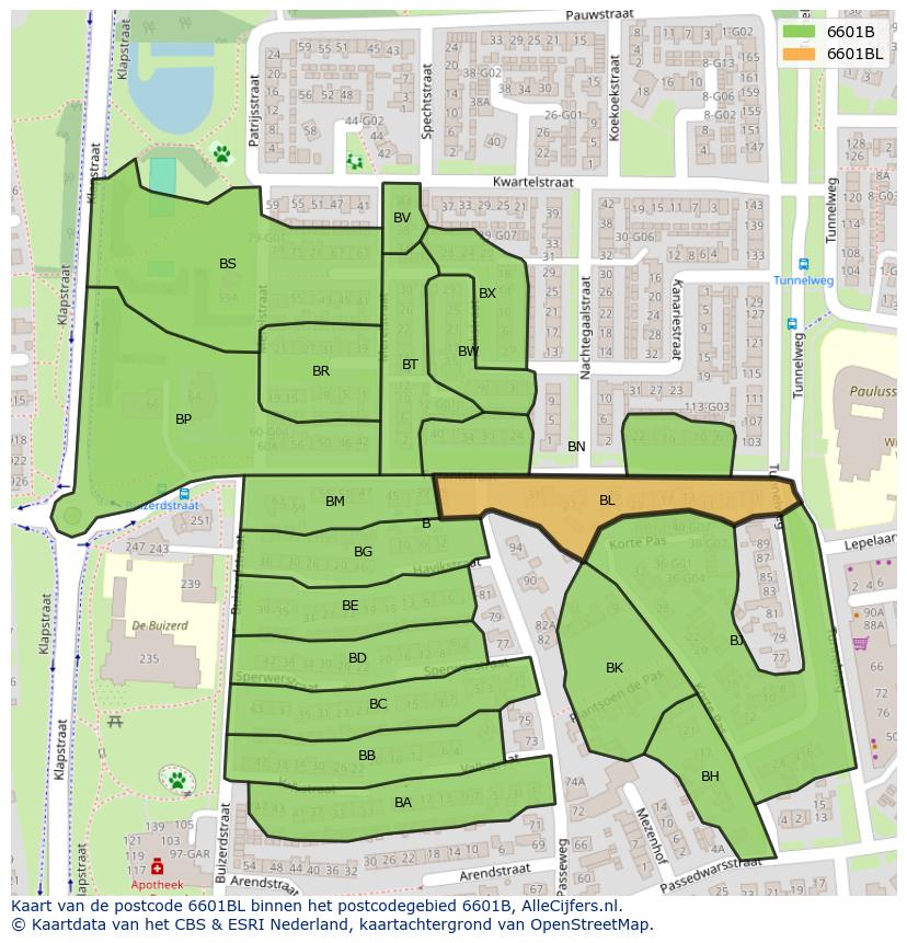 Afbeelding van het postcodegebied 6601 BL op de kaart.
