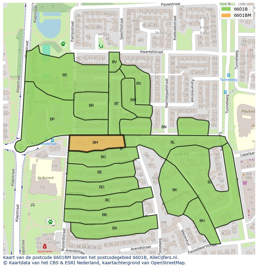 Afbeelding van het postcodegebied 6601 BM op de kaart.