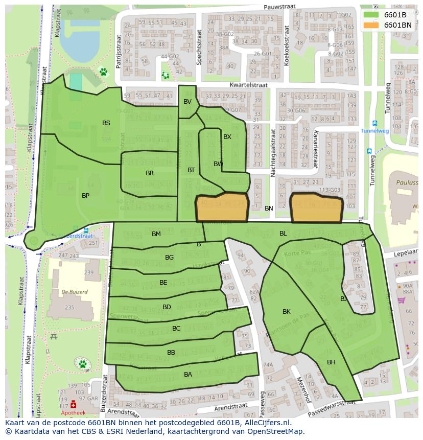 Afbeelding van het postcodegebied 6601 BN op de kaart.