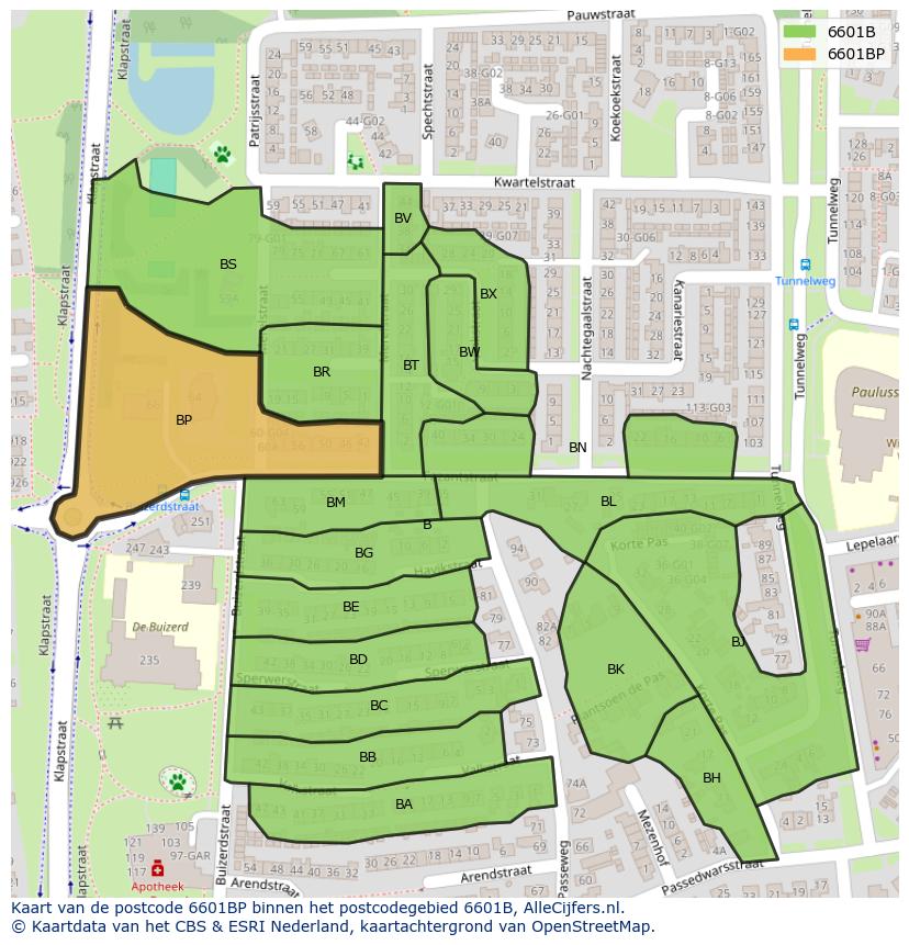 Afbeelding van het postcodegebied 6601 BP op de kaart.