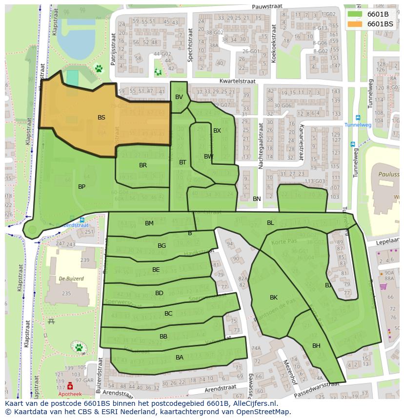 Afbeelding van het postcodegebied 6601 BS op de kaart.