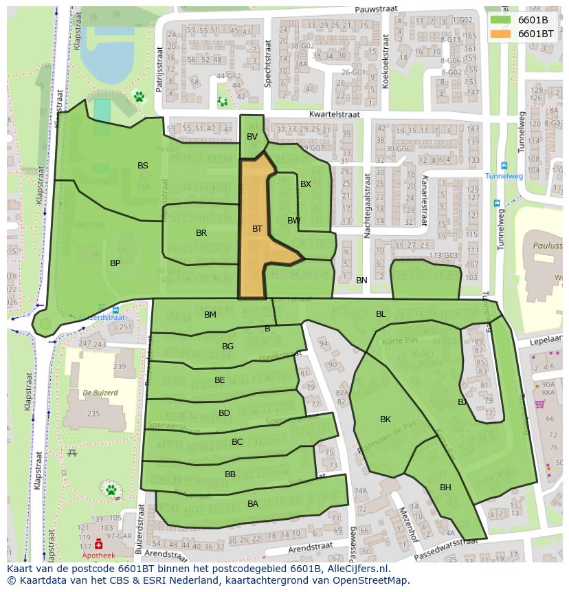 Afbeelding van het postcodegebied 6601 BT op de kaart.