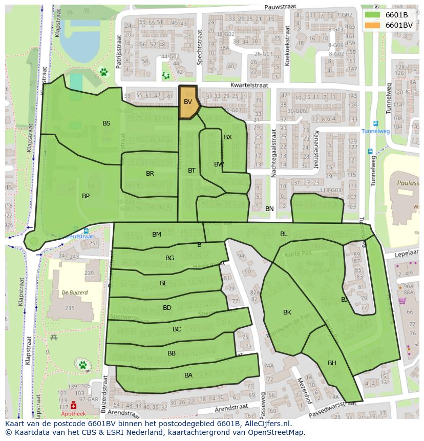 Afbeelding van het postcodegebied 6601 BV op de kaart.