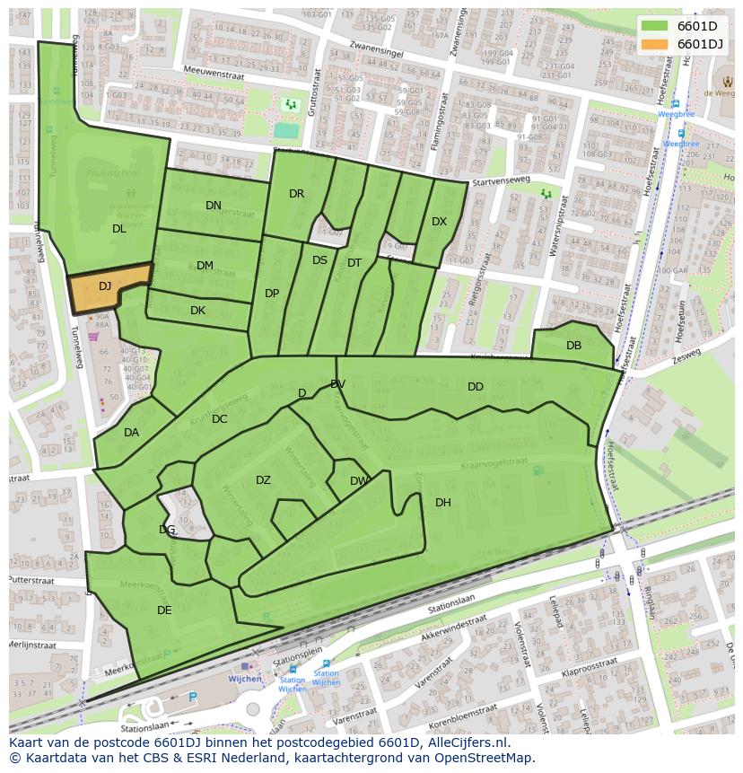 Afbeelding van het postcodegebied 6601 DJ op de kaart.