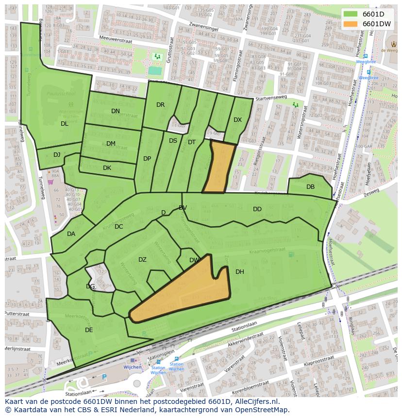 Afbeelding van het postcodegebied 6601 DW op de kaart.