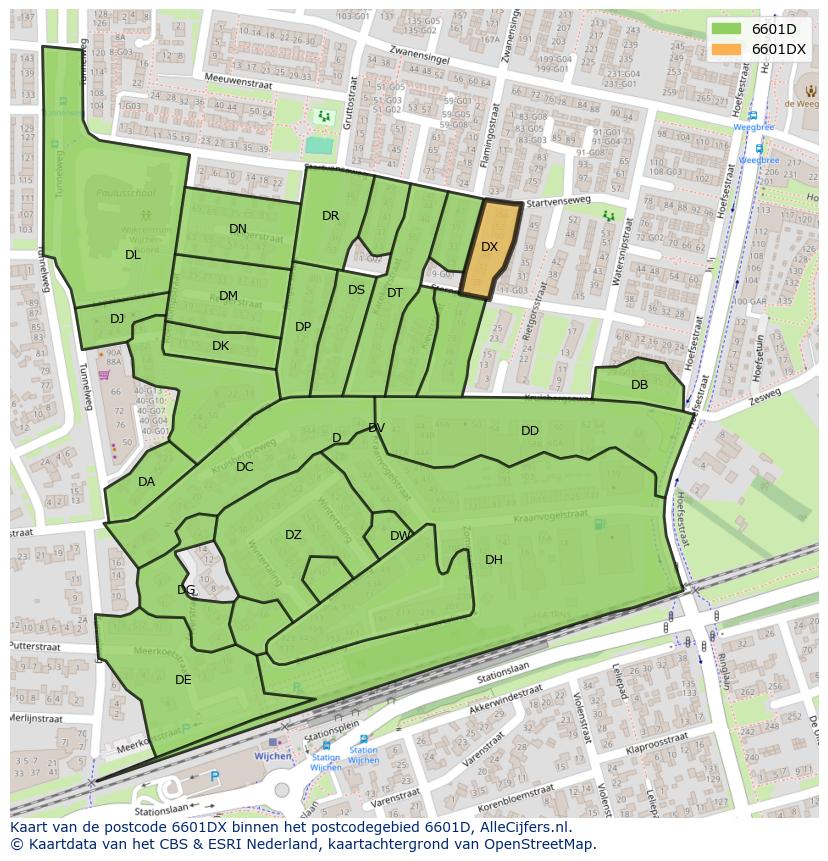 Afbeelding van het postcodegebied 6601 DX op de kaart.