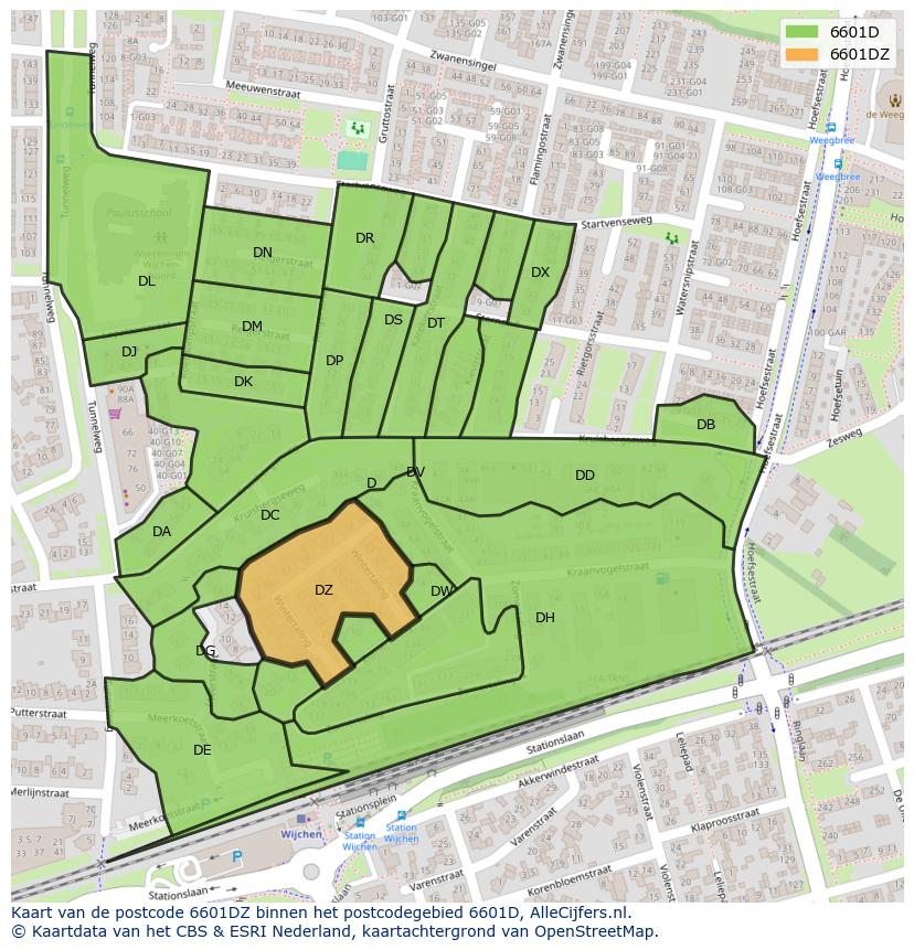 Afbeelding van het postcodegebied 6601 DZ op de kaart.