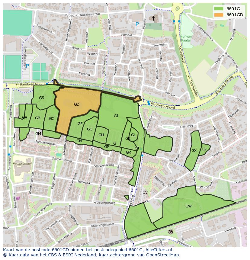 Afbeelding van het postcodegebied 6601 GD op de kaart.