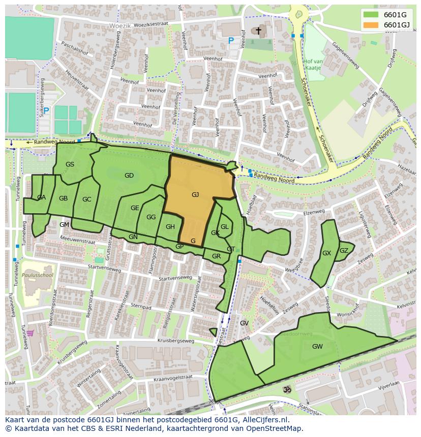 Afbeelding van het postcodegebied 6601 GJ op de kaart.