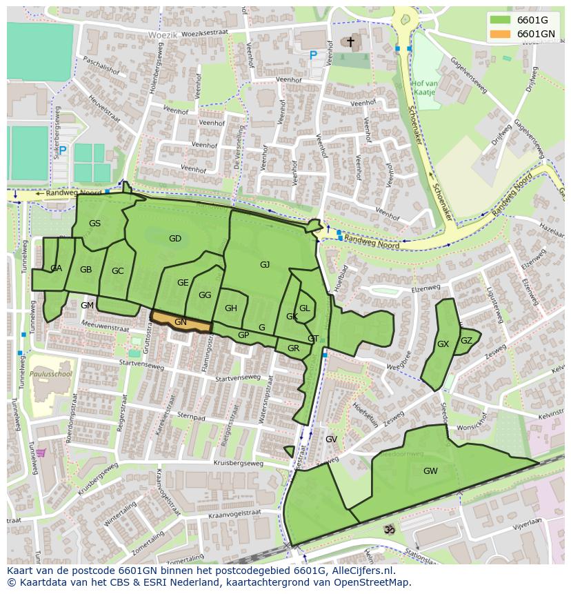 Afbeelding van het postcodegebied 6601 GN op de kaart.