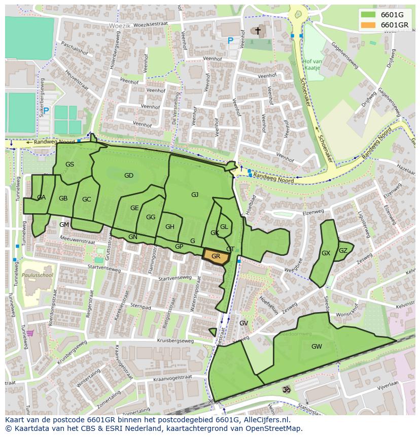 Afbeelding van het postcodegebied 6601 GR op de kaart.