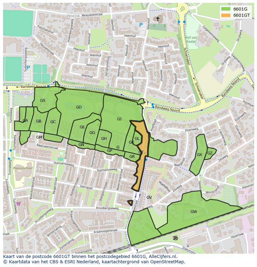 Afbeelding van het postcodegebied 6601 GT op de kaart.
