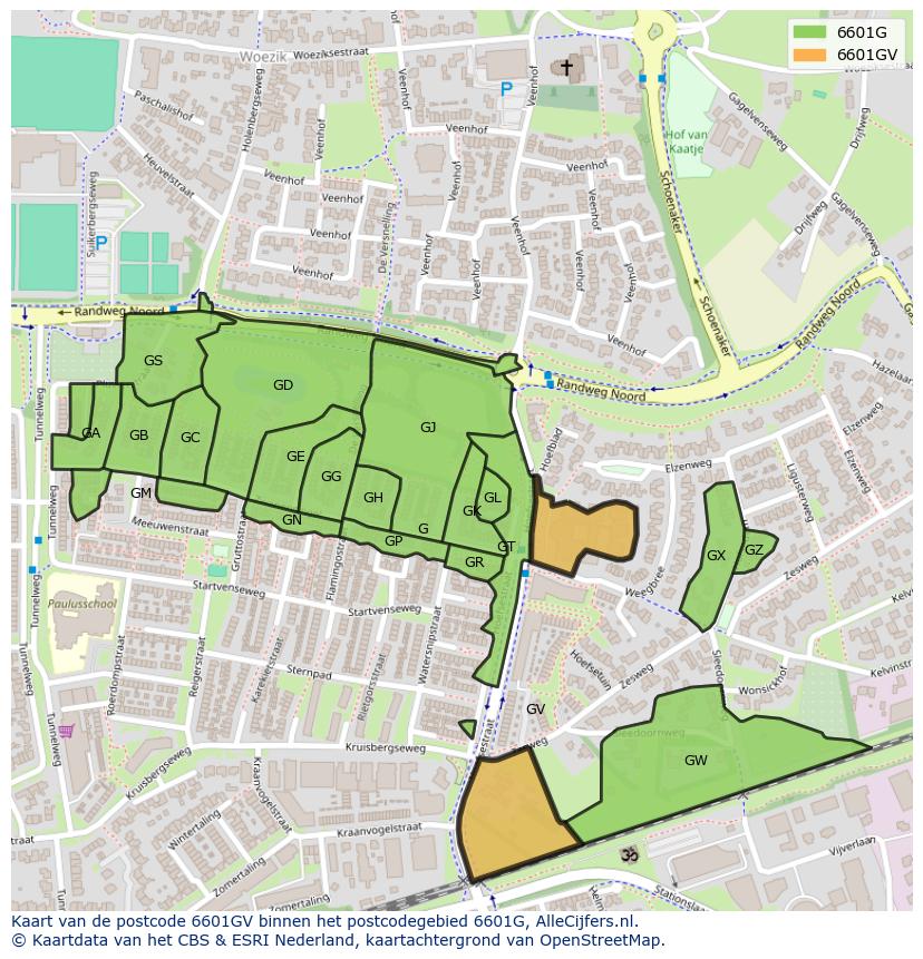 Afbeelding van het postcodegebied 6601 GV op de kaart.