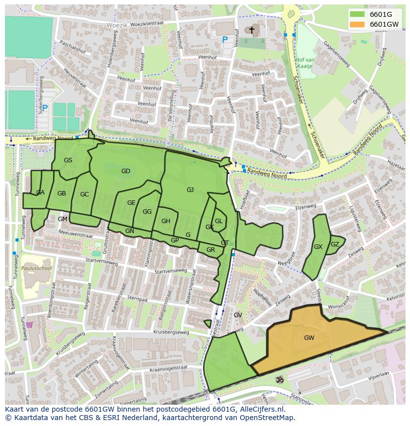 Afbeelding van het postcodegebied 6601 GW op de kaart.