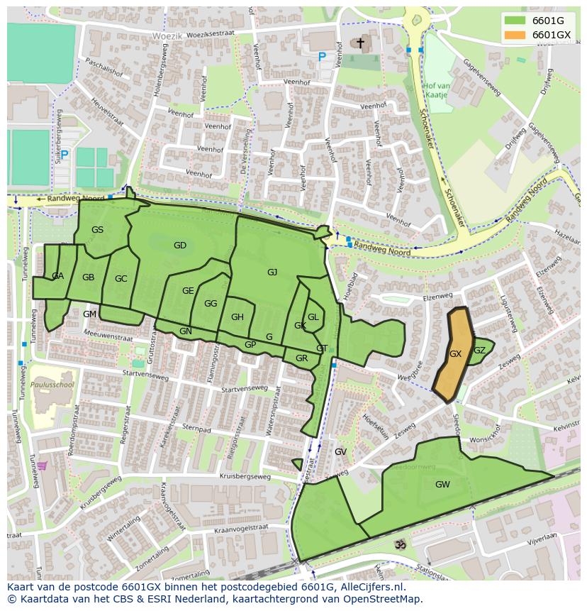 Afbeelding van het postcodegebied 6601 GX op de kaart.