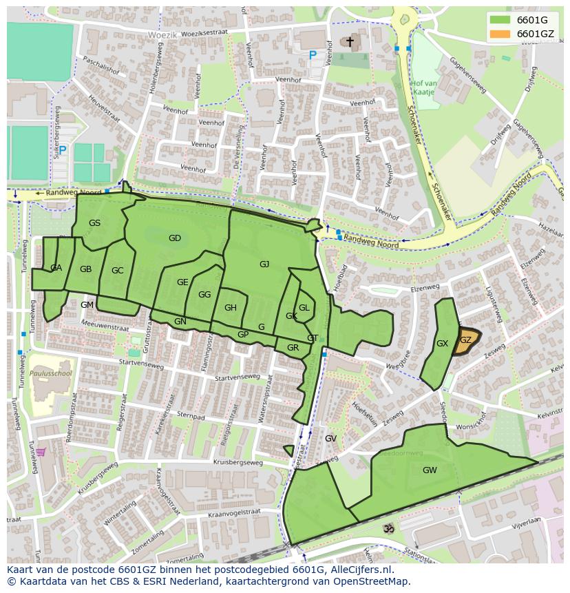 Afbeelding van het postcodegebied 6601 GZ op de kaart.