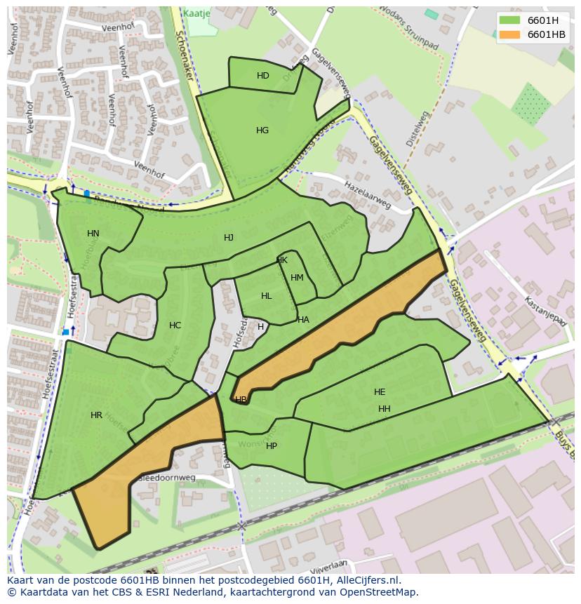 Afbeelding van het postcodegebied 6601 HB op de kaart.
