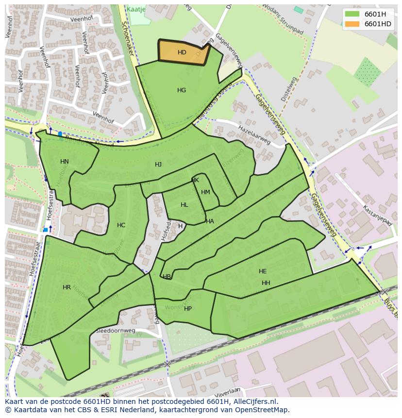 Afbeelding van het postcodegebied 6601 HD op de kaart.
