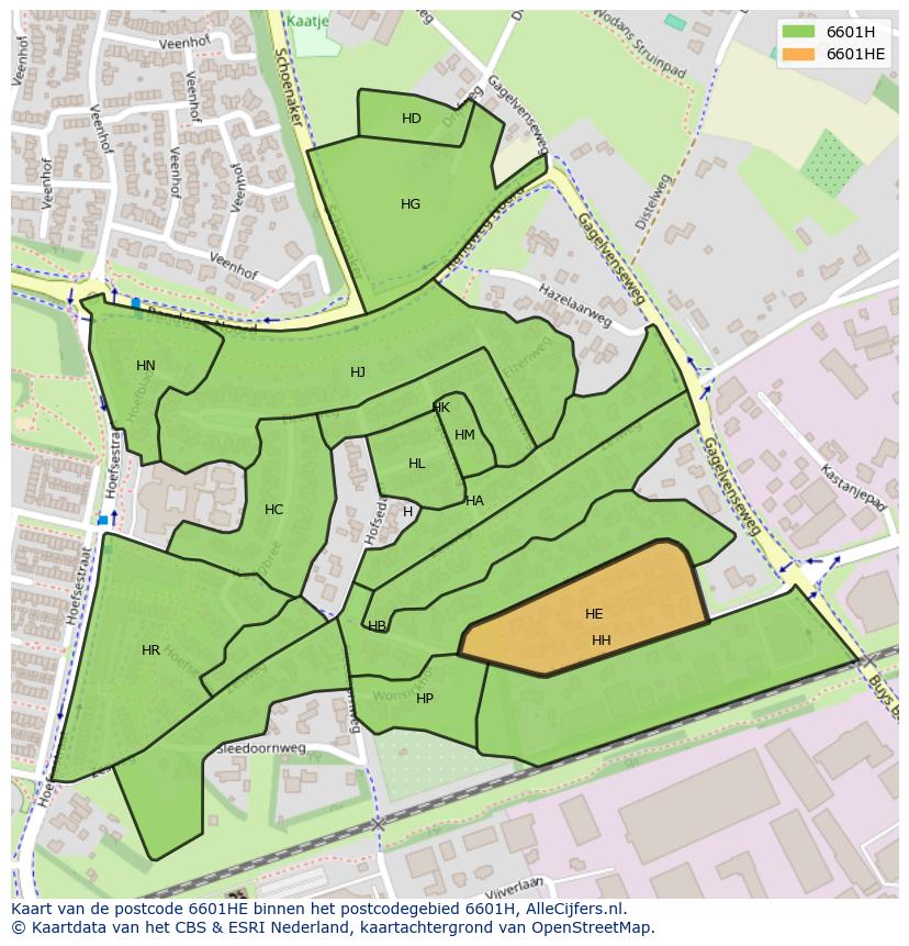 Afbeelding van het postcodegebied 6601 HE op de kaart.