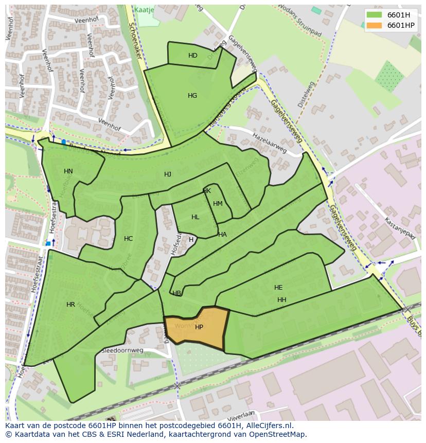 Afbeelding van het postcodegebied 6601 HP op de kaart.