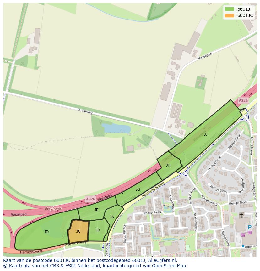 Afbeelding van het postcodegebied 6601 JC op de kaart.
