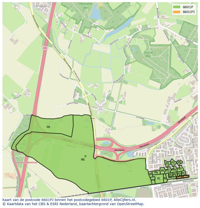 Afbeelding van het postcodegebied 6601 PJ op de kaart.