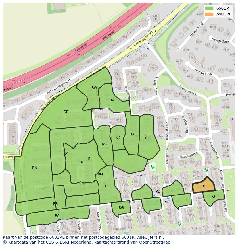 Afbeelding van het postcodegebied 6601 RE op de kaart.