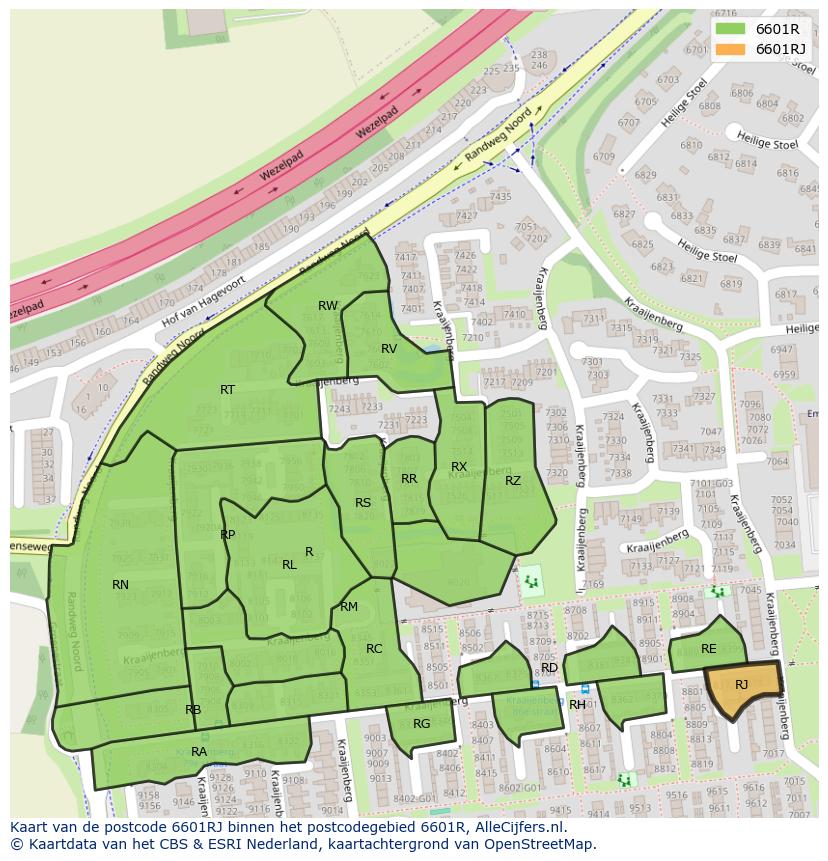 Afbeelding van het postcodegebied 6601 RJ op de kaart.