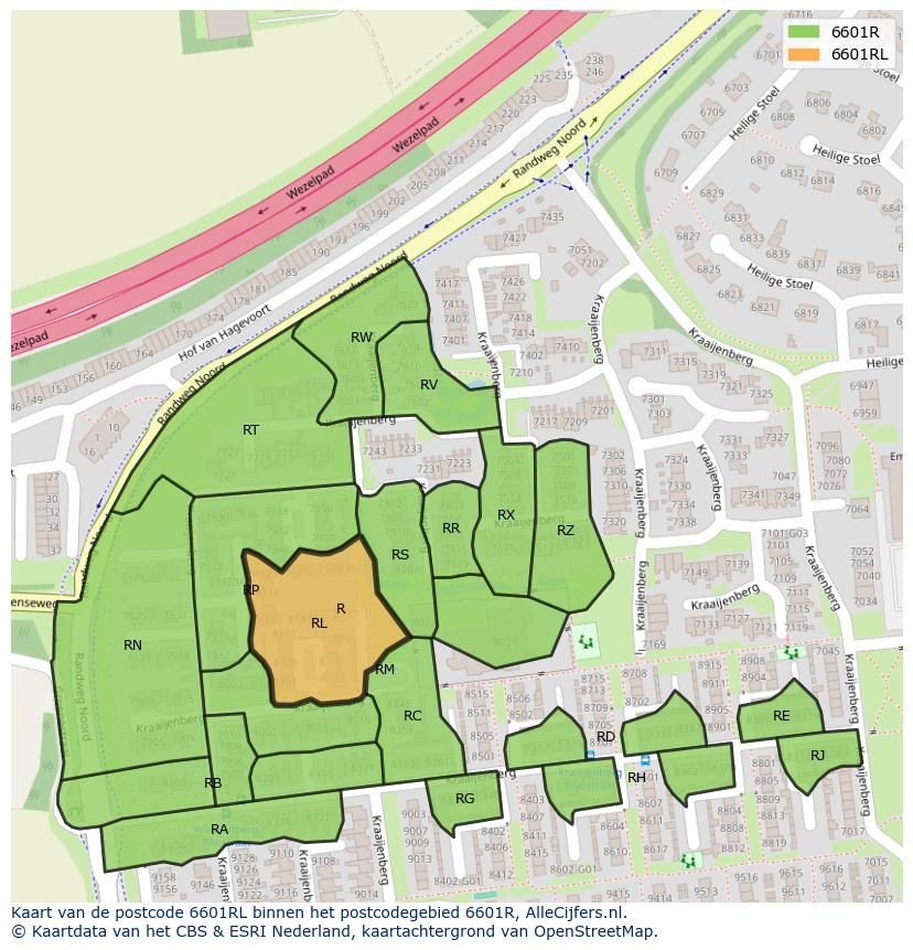 Afbeelding van het postcodegebied 6601 RL op de kaart.