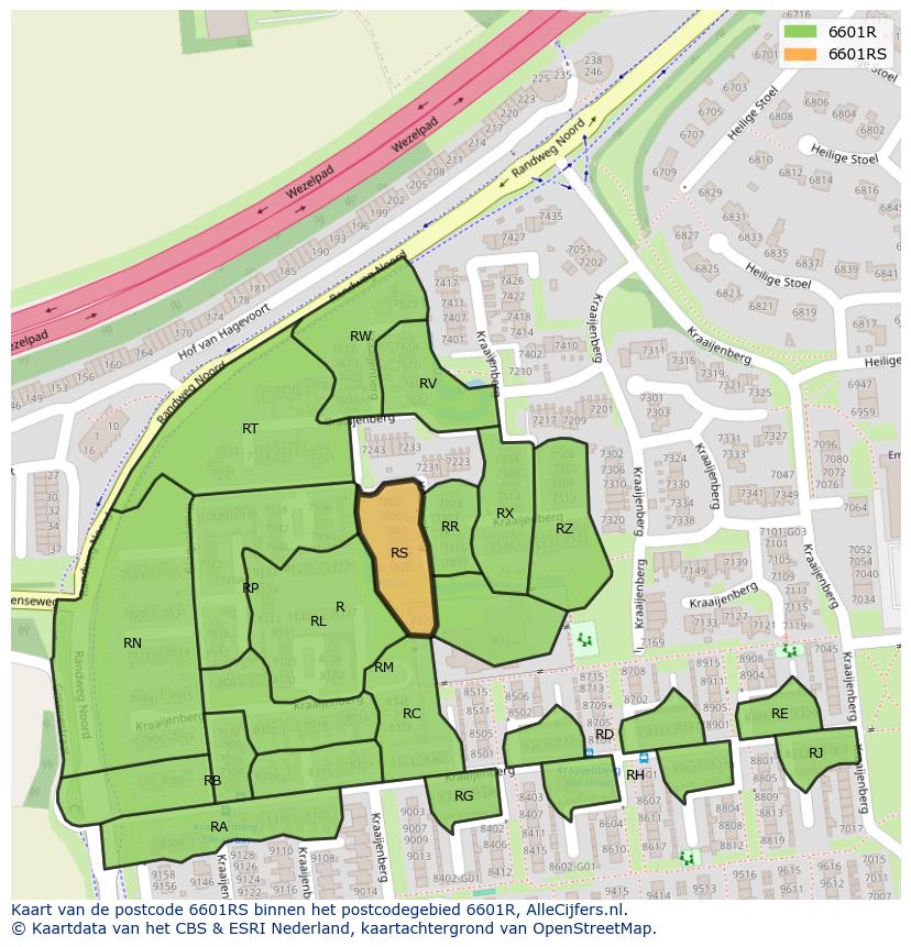 Afbeelding van het postcodegebied 6601 RS op de kaart.