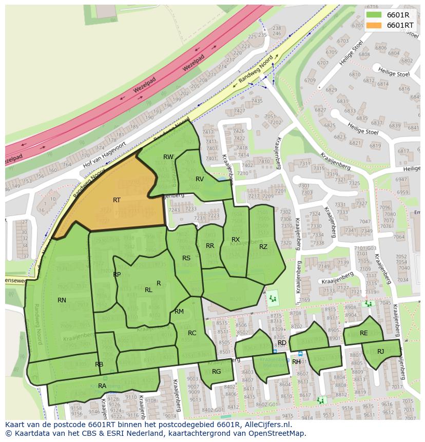 Afbeelding van het postcodegebied 6601 RT op de kaart.