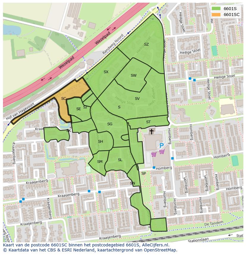 Afbeelding van het postcodegebied 6601 SC op de kaart.