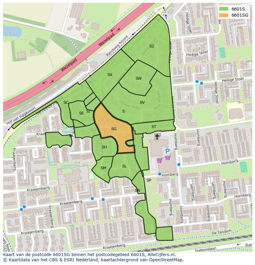 Afbeelding van het postcodegebied 6601 SG op de kaart.