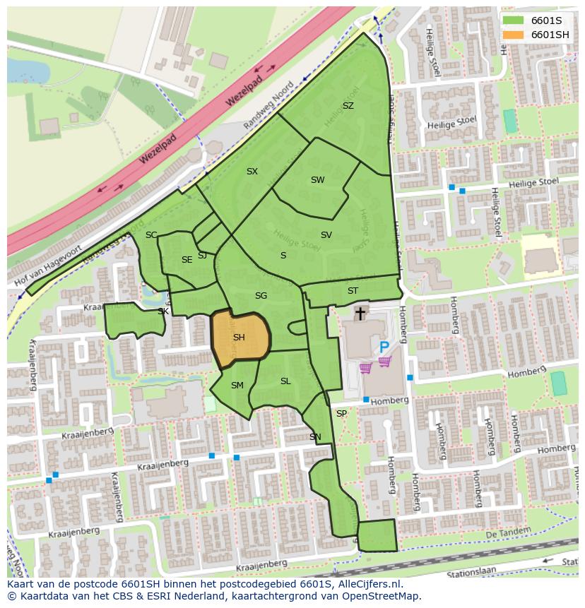 Afbeelding van het postcodegebied 6601 SH op de kaart.