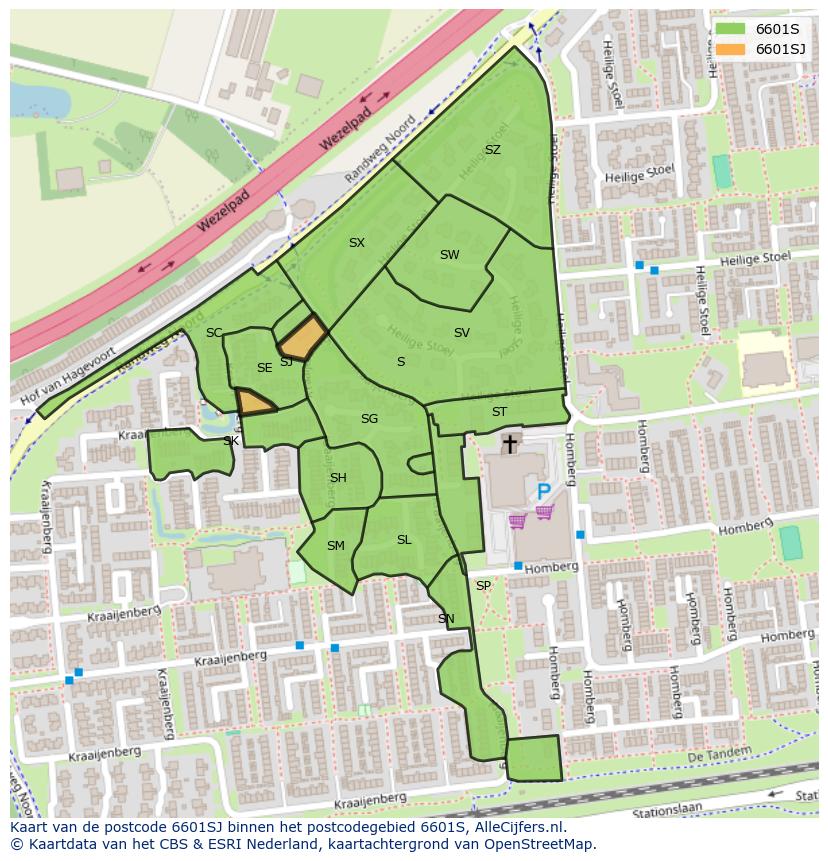 Afbeelding van het postcodegebied 6601 SJ op de kaart.