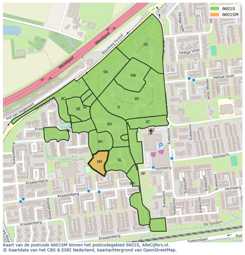 Afbeelding van het postcodegebied 6601 SM op de kaart.