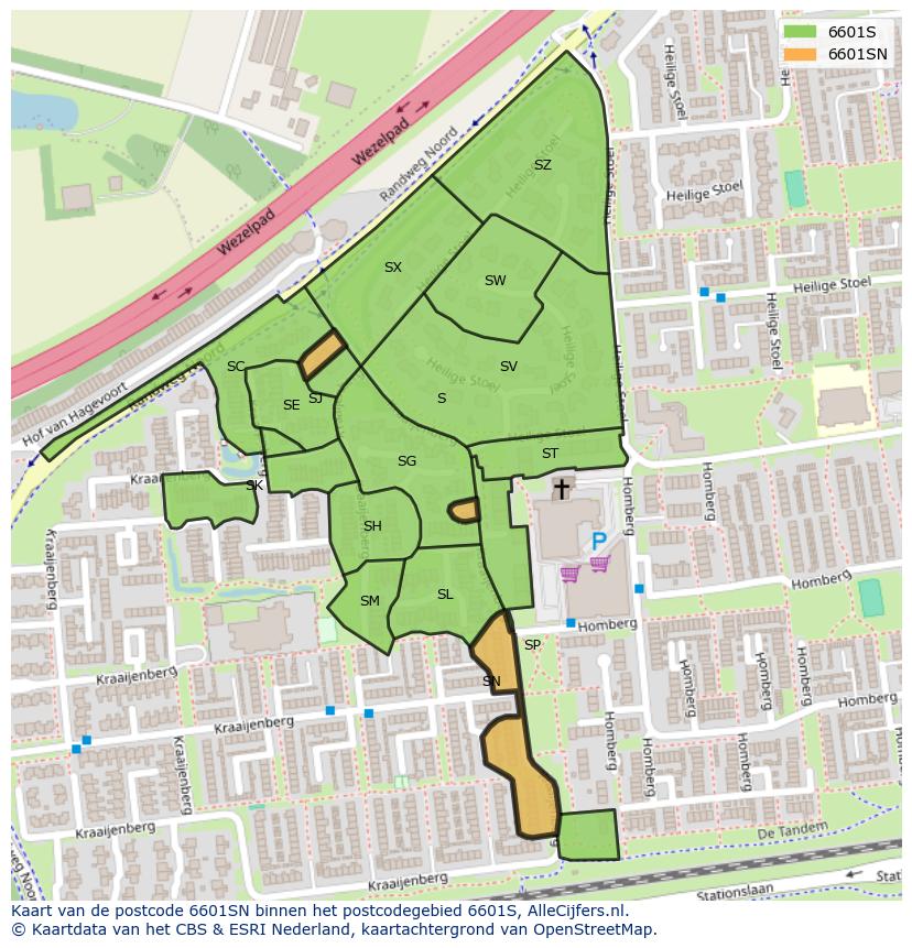Afbeelding van het postcodegebied 6601 SN op de kaart.