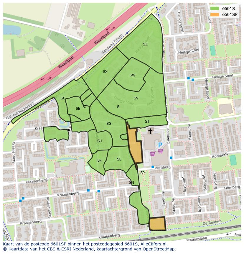 Afbeelding van het postcodegebied 6601 SP op de kaart.