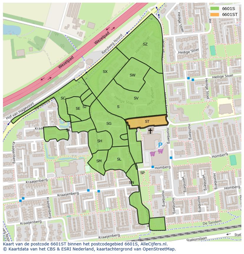 Afbeelding van het postcodegebied 6601 ST op de kaart.