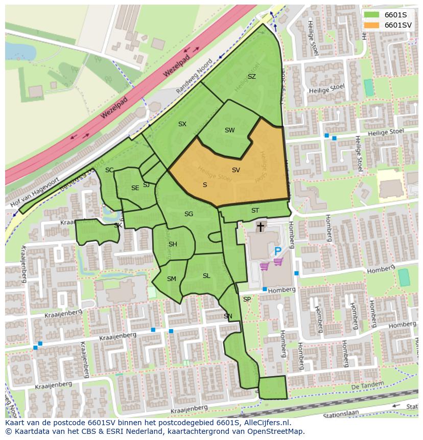 Afbeelding van het postcodegebied 6601 SV op de kaart.