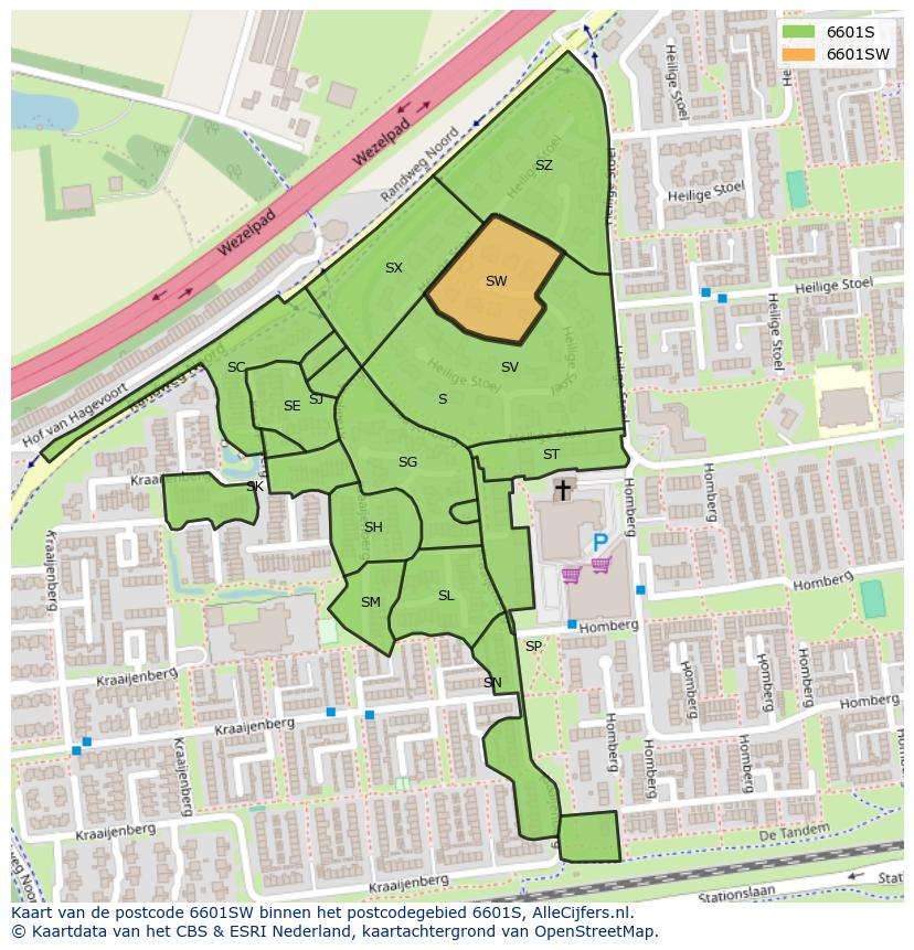 Afbeelding van het postcodegebied 6601 SW op de kaart.