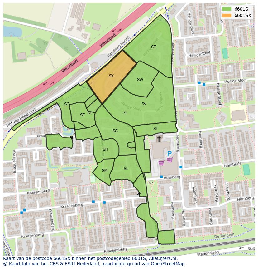 Afbeelding van het postcodegebied 6601 SX op de kaart.